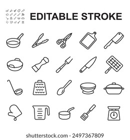 Cooking equipment icon set, Made in thin lines. Contains icons such as frying pan, knife, pan, cutting board and many more.