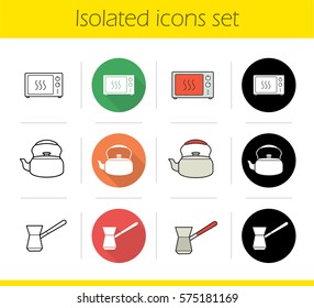 Cooking equipment icons set. Flat design, linear, black and color styles. Microwave oven, classic kettle, turkish cezve. Isolated vector illustrations