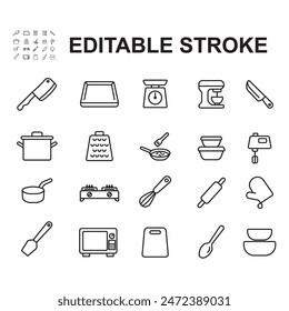 Cooking equipment line icon set. Contains icons such as a knife, stove, and many more.