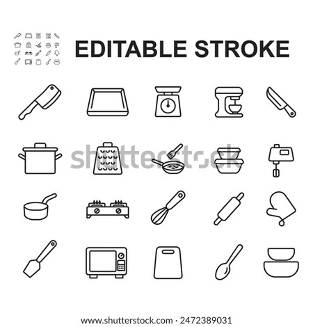 Cooking equipment line icon set. Contains icons such as a knife, stove, and many more.