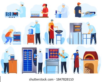 Cooking equipment for restaurant, proffecional kitchen, bakery set of vector illustration. Chef cook, food in oven. Culinary preparation in cooker. Cloche tray with food. Kitchen interior.