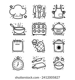 Colección de arte de líneas de cocina, iconos bonitos y elementos decorativos por dibujo a mano, ilustración vectorial.