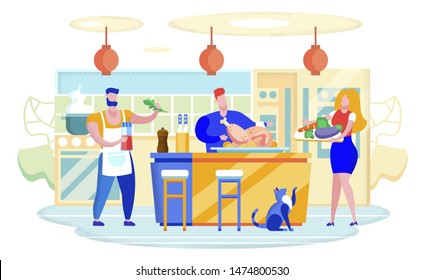 Cooking with Family at Home Flat Vector Concept. Man and Woman Characters, Couple Cooking Together at Kitchen, Stuffing and Roasting Turkey, Making Crunchy Vegetable Salad for Dinner Illustration