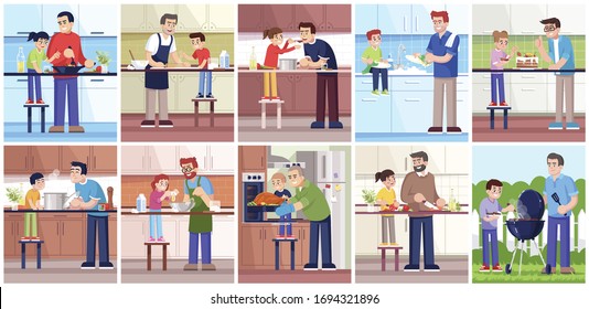 Cooking fathers and children, people in kitchen and outside flat vector illustrations set. Dads and kids preparing food together, family members 2D cartoon characters for commercial use lit