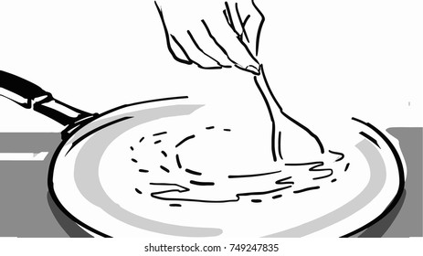 Cooking. Female hand stirs the sauce in a frying pan with spoon. Black and white vector sketch. Simple drawing. 