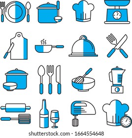 Cooking Filled Line icon set. Set of solid icons on white background. Kitchenware concept. Knife, frying pan, stewing. Vector illustration can be used for topics like cooking, food, kitchen.