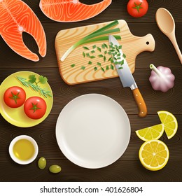 Cooking fish dish flat lay photo composition with chopped young onion on cutting board dark background vector illustration 