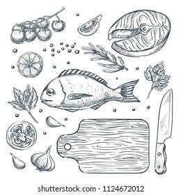 Cooking fish dorado and salmon steak, vector sketch illustration. Set of isolated hand drawn food ingredient, vegetables, spices. Seafood restaurant menu design elements.