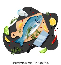 Cooking fish dorado, tuna, trout, vector cartoon top view illustration. Black kitchen table background with sea bream on cutting board, spices and ingredients. Seafood restaurant menu design elements