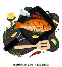 Cooking fish dorado, tuna, trout, vector flat cartoon top view illustration. Black grill pan with fried sea bream, spices and ingredients. Seafood restaurant menu design elements.