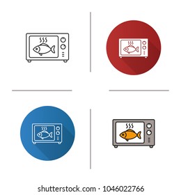 Cooking fish in microwave oven icon. Flat design, linear and color styles. Reheating meal. Isolated vector illustrations