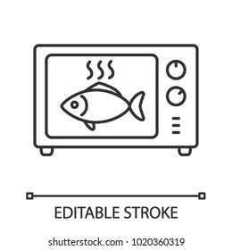 Cooking Fish In Microwave Oven Linear Icon. Thin Line Illustration. Reheating Meal. Contour Symbol. Vector Isolated Drawing. Editable Stroke