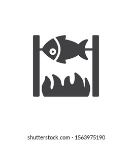 Cooking fish on bonfire vector icon. filled flat sign for mobile concept and web design. Fish barbecue on camp fire glyph icon. Symbol, logo illustration. Vector graphics