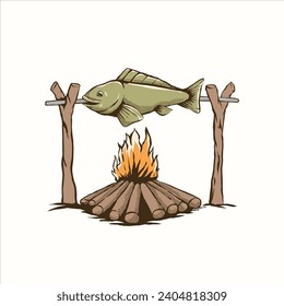 cooking fish on fire in pot and campfire vector	