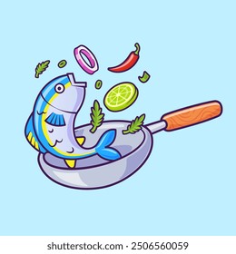 Cooking Fish On Pan Cartoon Vector Icon Illustration. Food Object Icon Concept Isolated Premium Vector. Flat Cartoon Style