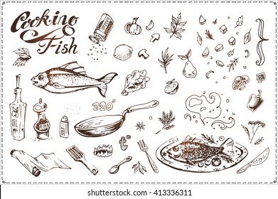 Cooking fish - a sketch drawn by hand with ink. icons for menu design, cooking and recipe books. fish dish, frying pan, the vegetables, seasoning, vintage