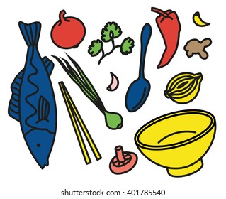 Cooking fish and vegetables fish dish cuisine kitchen colorful vector bold lines illustration