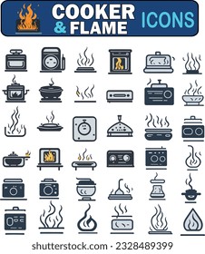 Cooking and Flame icon collection. Boiling time, Frying pan and Kitchen utensils. Fork, spoon and knife line icons. Recipe book, chef hat and cutting board. Cooking book, frying time, hot pan. Vector