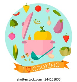 Cooking flat composition. Flat design vector. Vegetarian set of vegetables: green peas, eggplant, potato, carrot, onion, radish, pepper, tomato, mushroom. 