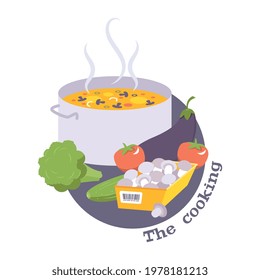 Cooking flat composition with mushrooms vegetables and pan of soup vector illustration