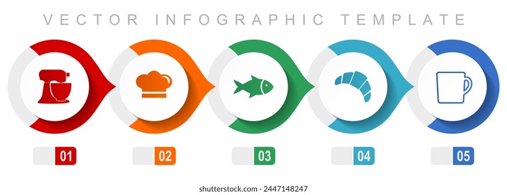 Cooking flat design infographic template, miscellaneous symbols such as mixer, chef hat, fish, cake and cup, vector icons collection