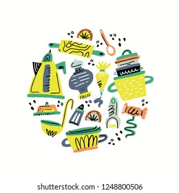 Cooking flat hand drawn color illustration. Kitchen utensil and appliance. Food preparation cliparts. Kitchenware sketch round composition. Isolated scandinavian style kitchen vector items