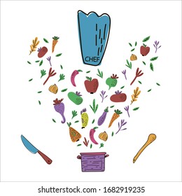 Cooking flat hand drawn illustration set for a chef. Design elements of kitchen utensils, vegetables and fruits. Ingredients for cooking. Sketch of kitchen utensils. Scandinavian cartoon kitchen items