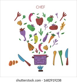 Cooking flat hand drawn illustration set for a chef. Design elements of kitchen utensils, vegetables and fruits. Ingredients for cooking. Sketch of kitchen utensils. Scandinavian cartoon kitchen items