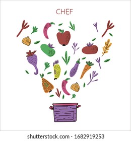 Ilustración plano de cocina preparada por un chef. Elementos de diseño de utensilios de cocina, verduras y frutas. Ingredientes para cocinar. Esbozo de utensilios de cocina. Artículos de cocina de dibujos animados escandinavos