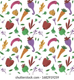 Cooking flat hand drawn illustration seamless pattern. Design elements of kitchen utensils, vegetables and fruits. Colored cliparts for cooking. Ingredients. Sketch texture of kitchen utensils