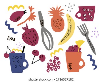 Cooking flat hand drawn illustration. Kitchen utensils and fruits. Cooking desserts. Ingredients. Sketch of kitchen utensils.