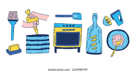 Cooking Flat Hand Drawn Illustrations Set. Kitchen Utensil And Appliance Design Elements. Food Preparation Color Cliparts. Kitchenware Sketch Collection. Isolated Scandinavian Cartoon Kitchen Items