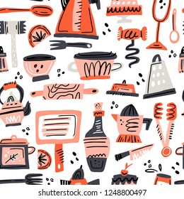 Cooking flat hand drawn seamless pattern. Kitchen utensil and appliance cartoon texture. Food preparation scandinavian illustration. Kitchenware sketch clipart. Kitchen textile, background vector fill