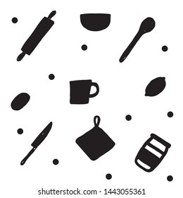Cooking flat hand drawn seamless pattern. Kitchen utensil cartoon style. Food illustration sketch clipart. Kitchen textile, tools, etc