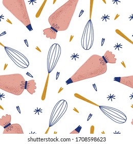 Cooking flat hand drawn seamless pattern. Kitchen utensil and appliance cartoon texture. Food preparation scandinavian illustration. Kitchenware sketch clipart. Kitchen textile, background vector fill