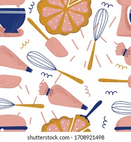 Cooking flat hand drawn seamless pattern. Kitchen utensil and appliance cartoon texture. Food preparation scandinavian illustration. Kitchenware sketch clipart.  