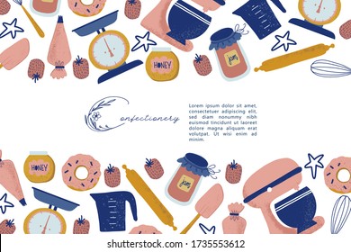 Cocinando un patrón sin fisuras dibujado a mano plana. Utensil de cocina y textura de dibujos animados de electrodomésticos. Ilustración escandinava de la preparación de alimentos. Clíparte de sketch de cocina. Tejido de cocina, relleno vectorial de fondo