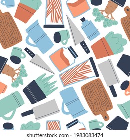 Cooking flat hand drawn seamless pattern. Kitchen utensil and appliance cartoon texture. Food preparation scandinavian illustration. Kitchenware sketch clipart. Kitchen textile, background vector fill