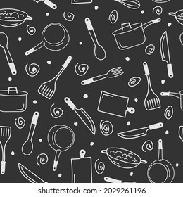 Cooking flat hand drawn seamless pattern. Kitchenware and utensils: pan, knife, skillet, whisk, cutting board, spatula, whisk etc. Vector illustration on black background. Chalkboard style