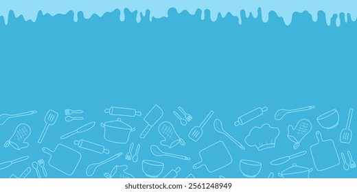 Cooking flat horizontal pattern. Kitchen utensil and appliance cartoon texture. Blue kitchenware sketch clipart.