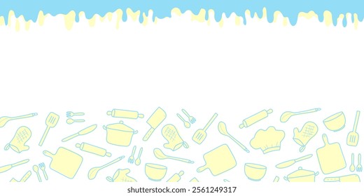 Cooking flat horizontal pattern. Kitchen utensil and appliance cartoon texture. Kitchenware sketch clipart.