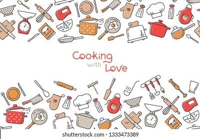 Cooking flat horizontal seamless pattern with lettering or place for text. Kitchen utensil and appliance cartoon texture. Food preparation Scandinavian illustration. Kitchenware sketch clipart.