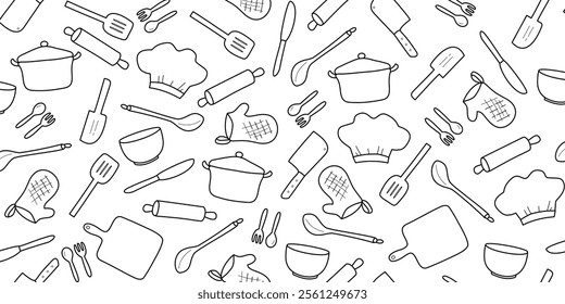 Cooking flat horizontal seamless pattern. Kitchen utensil and appliance cartoon texture. Black and white kitchenware sketch clipart.