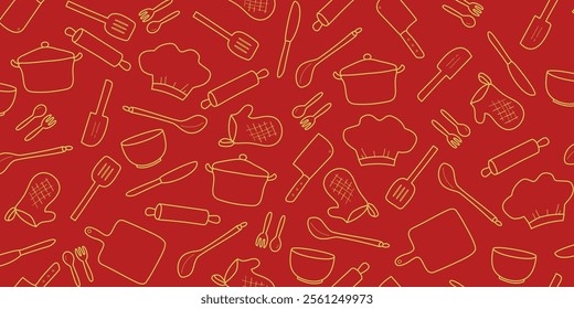 Cooking flat horizontal seamless pattern. Kitchen utensil and appliance cartoon texture. Food preparation Scandinavian illustration. Red kitchenware sketch clipart.