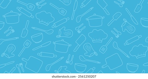 Cooking flat horizontal seamless pattern. Kitchen utensil and appliance cartoon texture. Blue kitchenware sketch clipart.