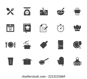 Cooking flat icon set. Kitchen tools - pan, pot, dinner utensil, cookbook, chef hat minimal vector illustration. Simple glyph, silhouette sign of food recipe instruction