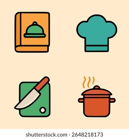 Cooking flat icon set with recipe book chef hat knife board and steaming pot for kitchen or culinary use
