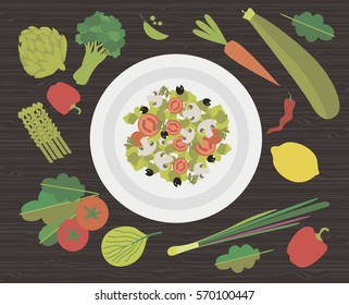Cooking flat icons with table of dishes and people hands. Vector illustration
