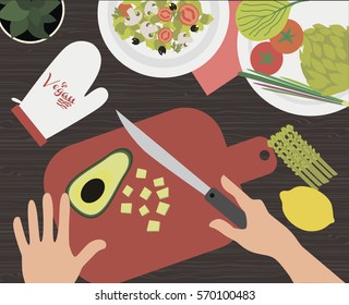 Cooking flat icons with table of dishes and people hands. Vector illustration