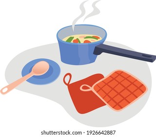 cooking - flat vector illustration of a hot soup in a pot and some kitchen accessories